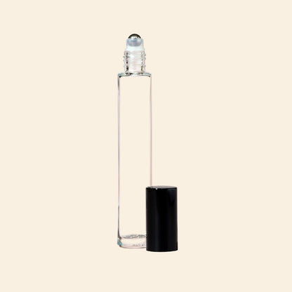 10ml Tall Round Roll-on Bottles - Clear Glass, Refillable Roller Bottles for Perfumes and Essential Oils, Metal Black Cap, Steel Roller Ball