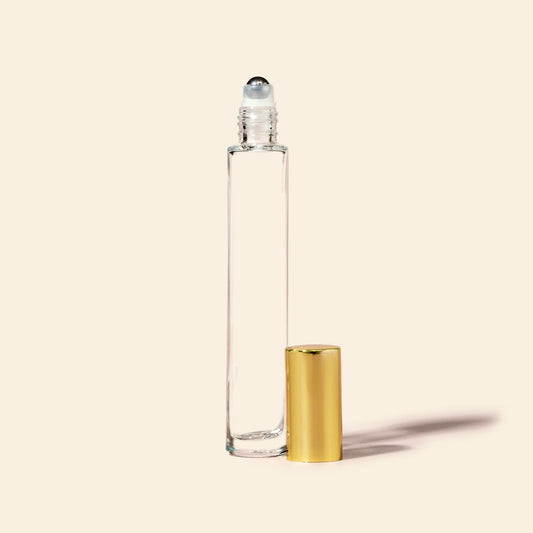 10ml Tall Roll-on Bottles - Clear Glass, Refillable Roller Bottles for Perfumes and Essential Oils, Metal Gold Cap, Steel Roller Ball