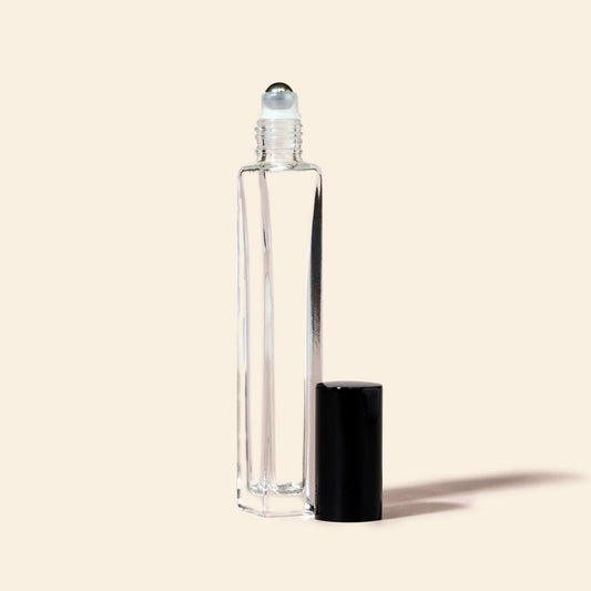 10ml Square Tall Roll-on Bottles - Clear Glass, Refillable Roller Bottles for Perfumes and Essential Oils, Metal Black Cap, Steel Roller Ball