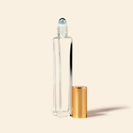 10ml Square Tall Roll-on Bottles - Clear Glass, Refillable Roller Bottles for Perfumes and Essential Oils, Glossy Gold Metal Cap, Steel Roller Ball