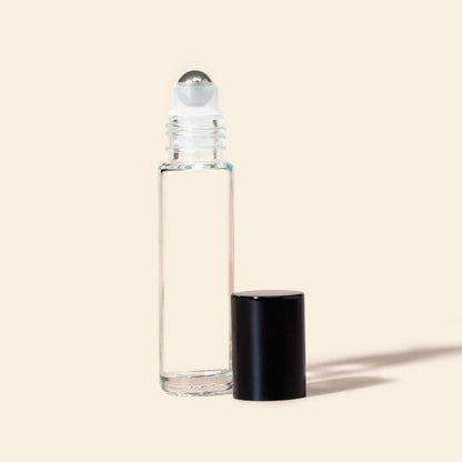 10ml/0.34oz Roll-on bottles - Round, Clear Refillable Glass Empty Roller bottles for Essential Oil Perfumes Aromatherapy Metal Black Top, Steel Roller Ball