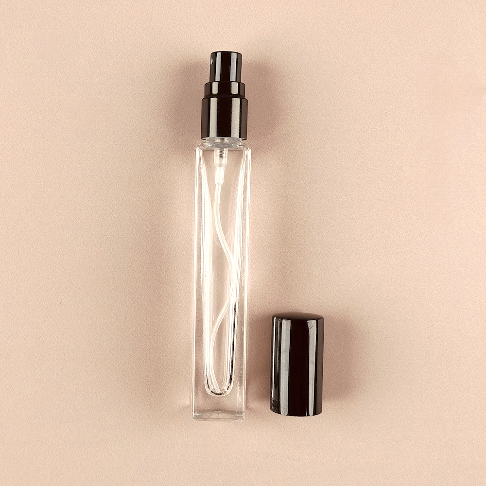 Mini Fragrance Bottles - 10ml/0.5oz Square Tall Spray + Metallic Black Top, Empty Perfume Bottles in Bulk