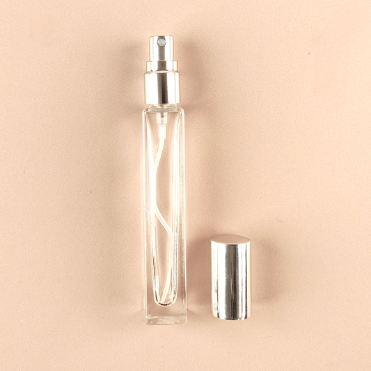 Mini Fragrance Bottles - 10ml/0.5oz Round Tall Spray + Shiny Silver Top, Empty Perfume Bottles in Bulk