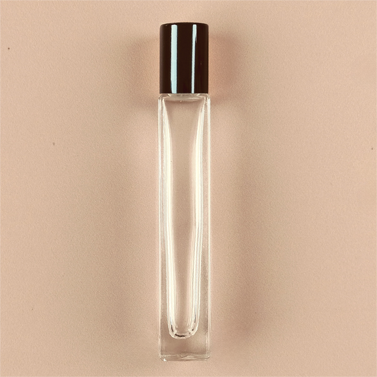 10ml Square Tall Roll-on Bottles - Clear Glass, Refillable Roller Bottles for Perfumes and Essential Oils, Metallic Black Cap