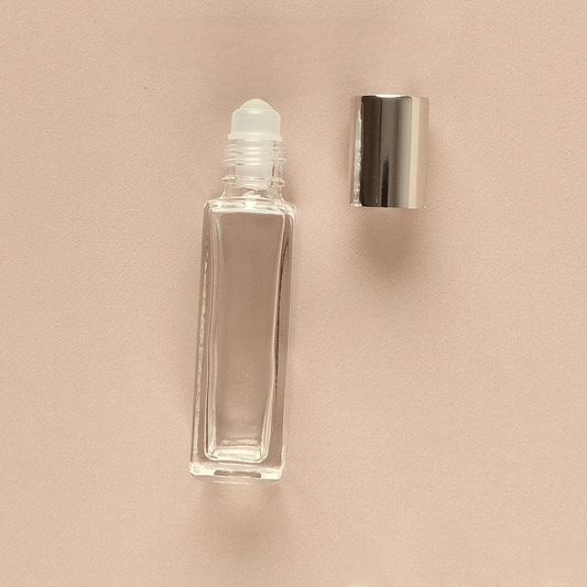 8ml Square Roll-on Bottles - Clear Glass, Refillable Roller Bottles for Essential Oils and Perfumes, Shiny Silver Cap