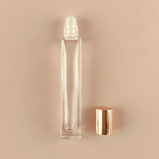 10ml Square Tall Roll-on Bottles - Clear Glass, Refillable Roller Bottles for Perfumes and Essential Oils, Glossy Gold Cap