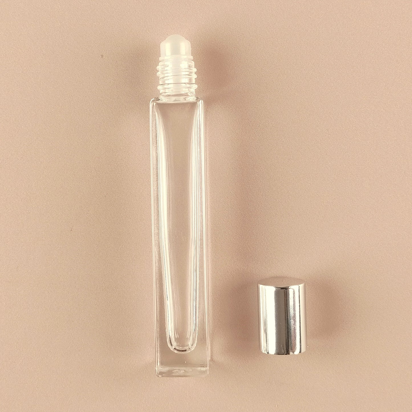 10ml Square Tall Roll-on Bottles - Clear Glass, Refillable Roller Bottles for Perfumes and Essential Oils, Shiny Silver Cap