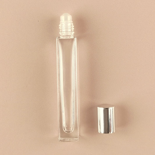 10ml Square Tall Roll-on Bottles - Clear Glass, Refillable Roller Bottles for Perfumes and Essential Oils, Shiny Silver Cap