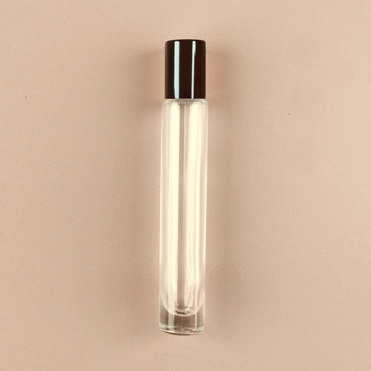 10ml Tall Roll-on Bottles - Clear Glass, Refillable Roller Bottles for Perfumes and Essential Oils, Metallic Black Cap