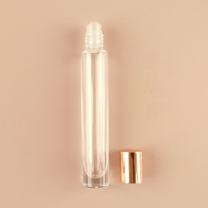 10ml Tall Roll-on Bottles - Clear Glass, Refillable Roller Bottles for Perfumes and Essential Oils, Glossy Gold Cap