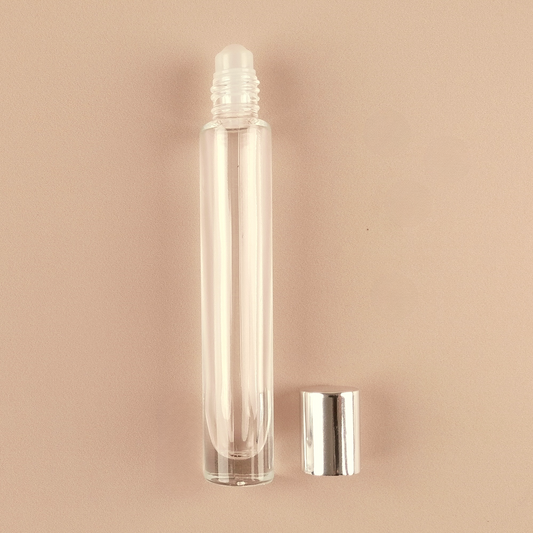 10ml Tall Roll-on Bottles - Clear Glass, Refillable Roller Bottles for Perfumes and Essential Oils, Shiny Silver Cap