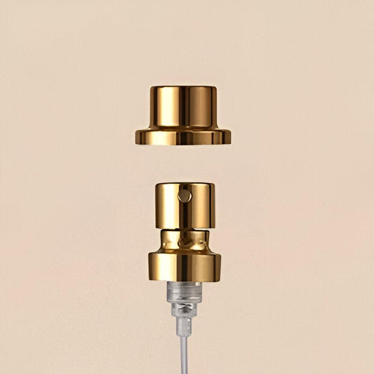Wholesale Perfume Fine Mist Spray Pump, Glossy Gold, 100mcl/0.1cc, FEA 15, Crimp Type (with step collar) - Packamor