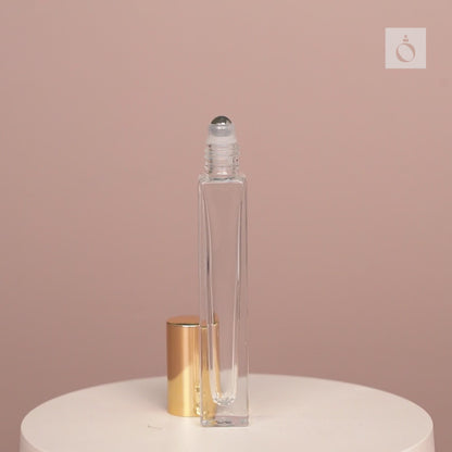 10ml Square Tall Roll-on Bottles - Clear Glass, Refillable Roller Bottles for Perfumes and Essential Oils, Glossy Gold Metal Cap, Steel Roller Ball