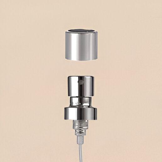 Wholesale Perfume Fine Mist Spray Pump, Shiny Silver, 100mcl/0.1cc, FEA 15, Crimp Type (with ring) - Packamor