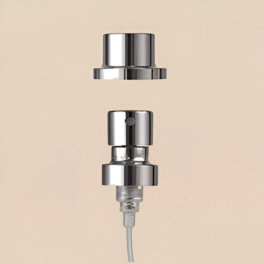 Wholesale Perfume Fine Mist Spray Pump, Shiny Silver, 100mcl/0.1cc, FEA 15, Crimp Type (with step collar) - Packamor